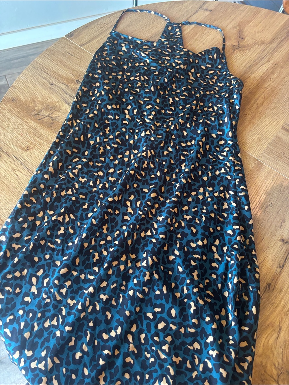 BCBGeneration Teal and Tan Leopard Print Slip Dress